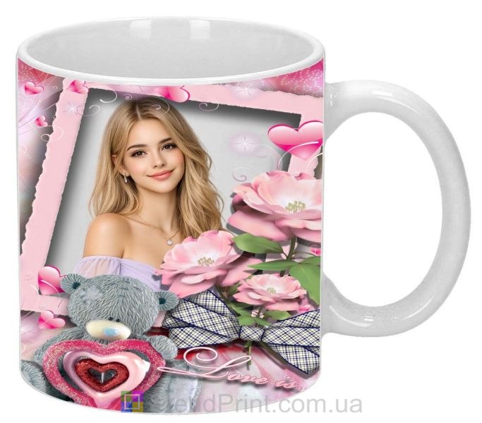Кружка с фото для любимой с мишкой и цветами нежный подарок заказать