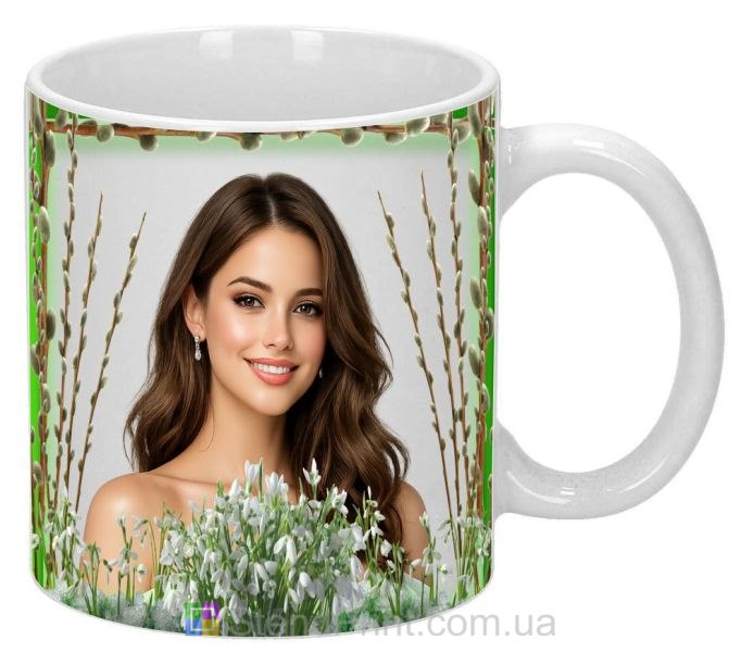 Чашка с фото весенний подарок сестре с подснежниками заказать