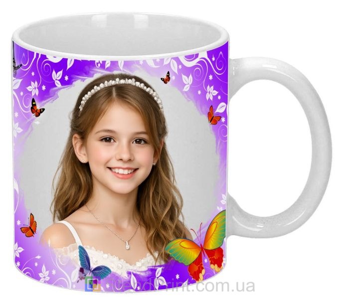 Чашка з фото для дівчинки — фіолетовий дизайн із метеликами, замовити