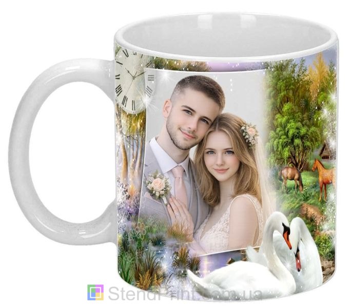 Чашка с фото домик у леса лошади и лебеди природа заказать