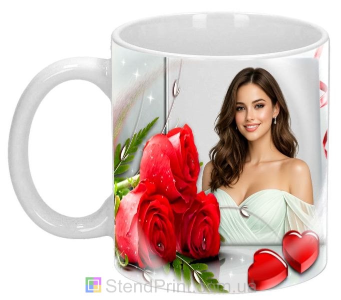 Горнятко з фото з червоними трояндами та серцями романтичний подарунок для коханої людини замовити