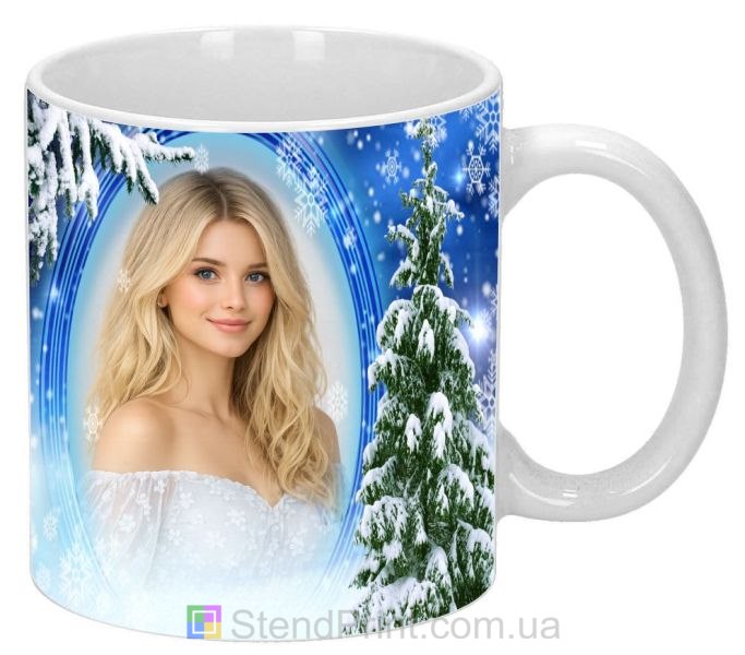 Кружка з фото зима ялинка сніжний пейзаж новорічний персональний друк