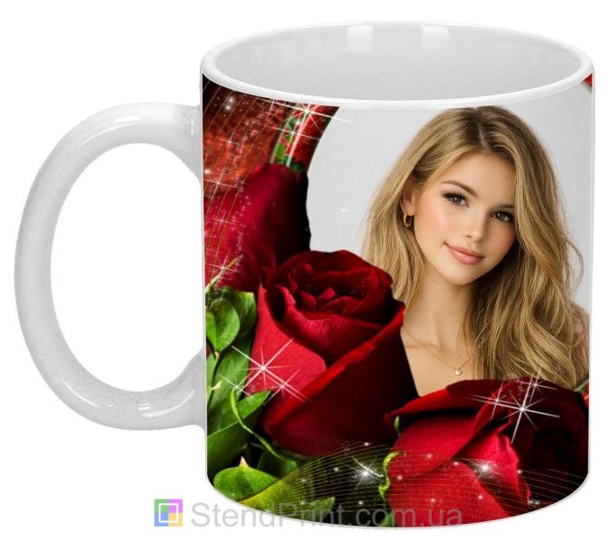 Кружка з фото для дівчини з червоними трояндами романтичний подарунок замовити
