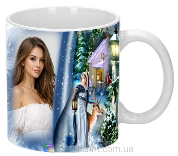 Кружка з фото зимовий казковий ліс, дівчина та олень — фоторамка, замовити онлайн