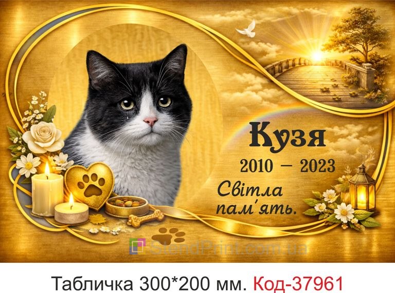 Купити ритуальну табличку для кота на могилу з фото і золотим дизайном