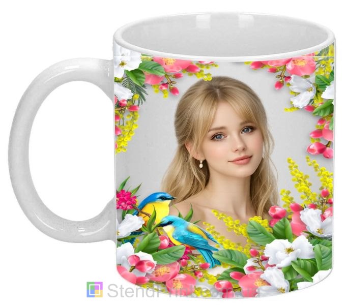 Кружка с фото для девушки с цветами и птицами заказать подарок