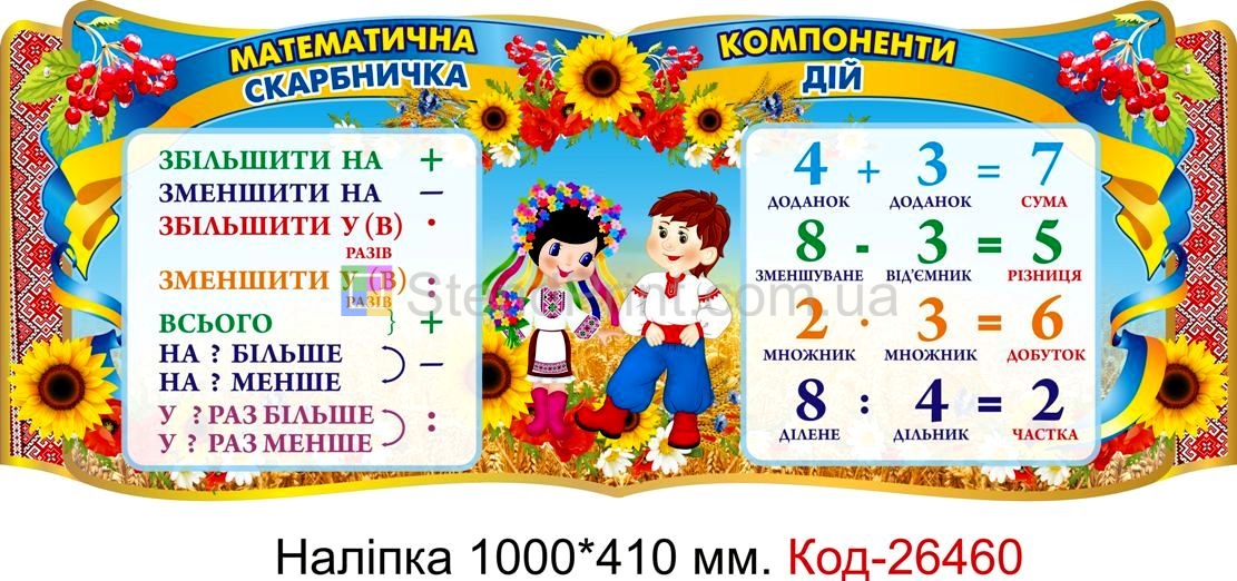 Наліпка самоклеюча наклейка для початкового класу "Математична скарбничка" Код-26460