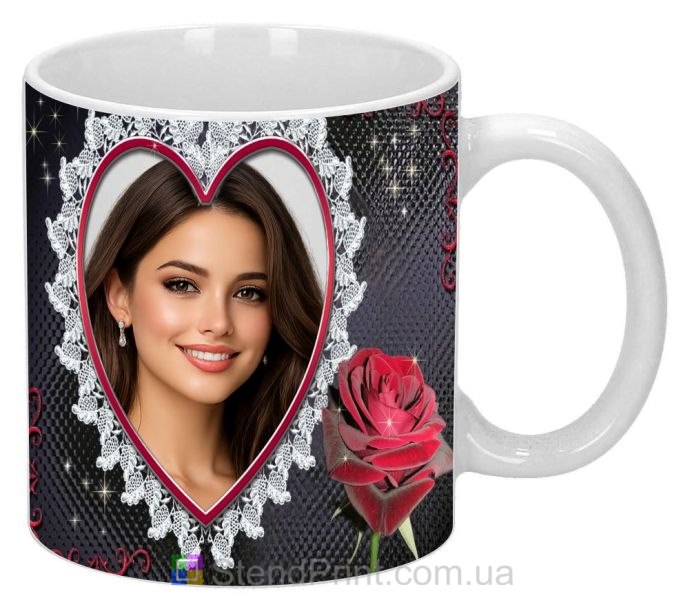 Горнятко з фото для коханої з серцем та трояндою стильний романтичний подарунок замовити