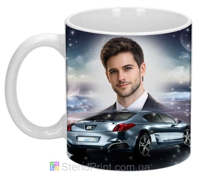 Кружка з фото на подарунок чоловіку з автомобілем та морським узбережжям