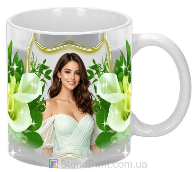 Кружка с фото для девушки с белыми цветами нежный подарок заказать
