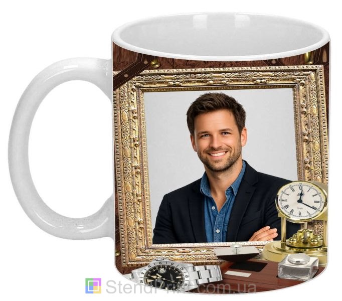 Чашка с фото в классическом стиле золотая рамка и часы статусный персональный подарок заказать