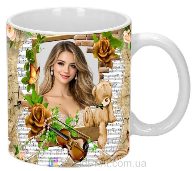 Кружка з фото для дівчини — романтичний подарунок із трояндами та скрипкою, замовити