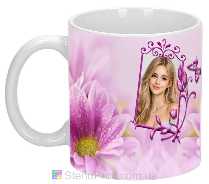 Чашка с фото для девушки с розовым цветком заказать подарок