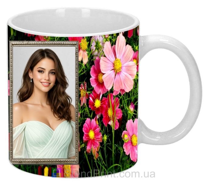 Кружка з фото для коханої з квітами та рамкою романтичний подарунок замовити