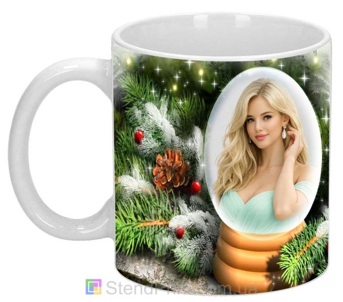 Чашка з фото новорічна куля ялинові гілки зима персональний друк