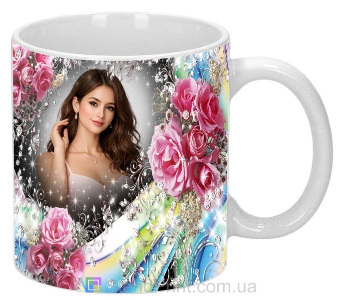Кружка с фото розовые розы радужные линии персональный подарок заказать