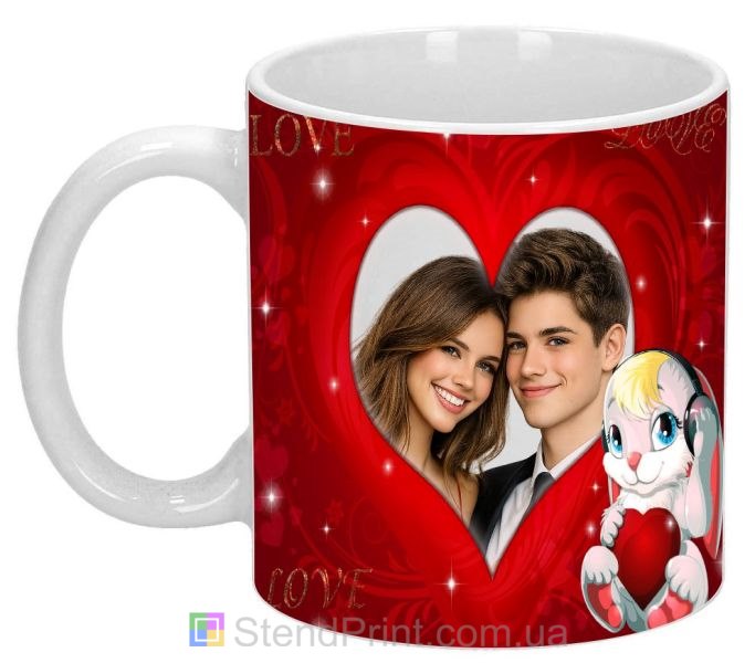 Кружка с фото с сердцем и зайцем яркий романтический подарок заказать