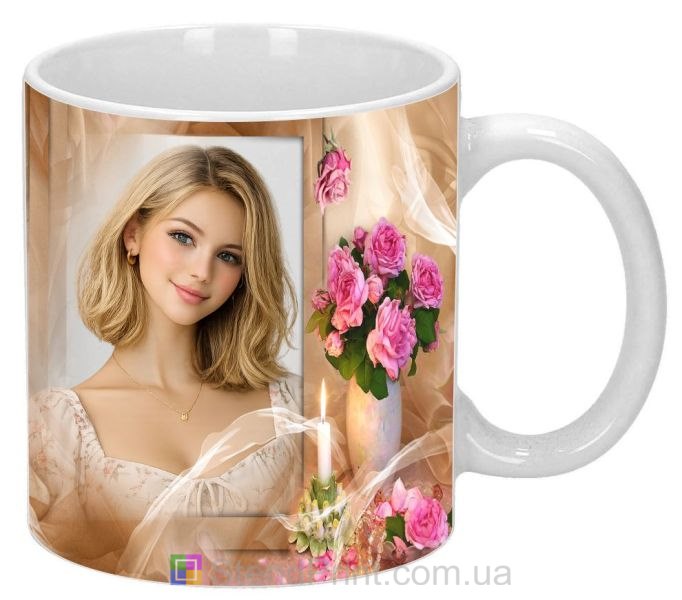 Кружка с фото чайная роза и свеча тёплый уютный подарок заказать