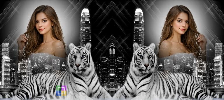 Кружка з фото білий тигр нічне місто чорно-білий ефект замовити