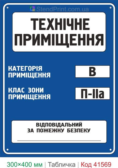 Табличка технічне приміщення категорія В клас П-IIа купити для підприємства