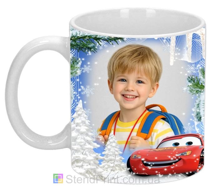 Дитяча чашка з фото зимовий дизайн ялини та машина