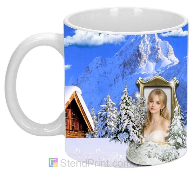 Кружка с фото зимний подарок девушке фотокружка с горами и домиком