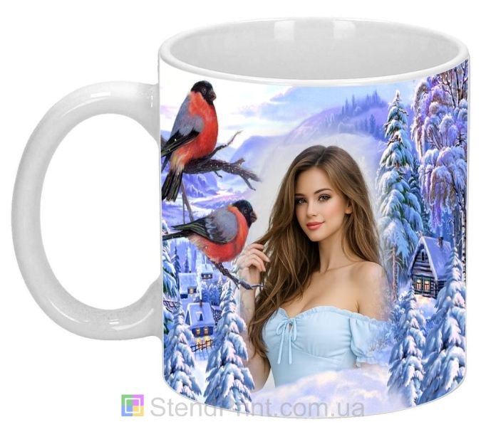 Кружка з фото зимовий пейзаж снігурі та ялинки персональний друк на кружці купити
