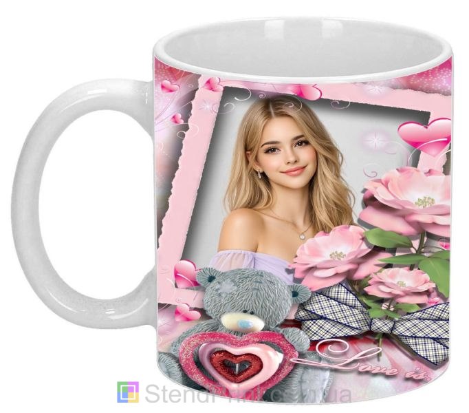 Кружка с фото для любимой с мишкой и цветами нежный подарок заказать