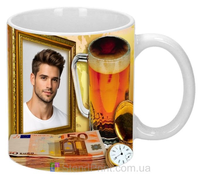 Чашка с фото с бокалом и евро оригинальный персональный подарок мужчине заказать