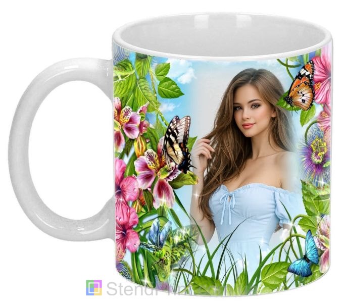 Кружка с фото цветы и мотыльки яркий дизайн заказать фотопечать