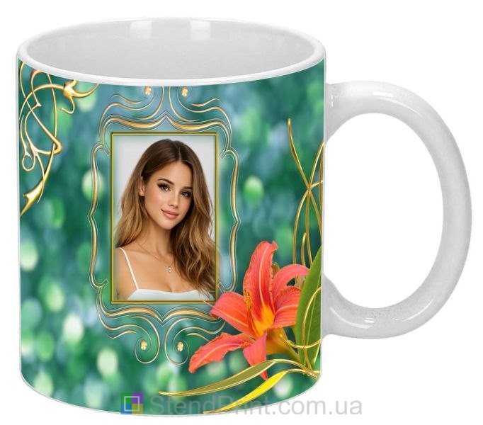 Чашка з фото для дівчини елегантний подарунок кружка з лілією замовити