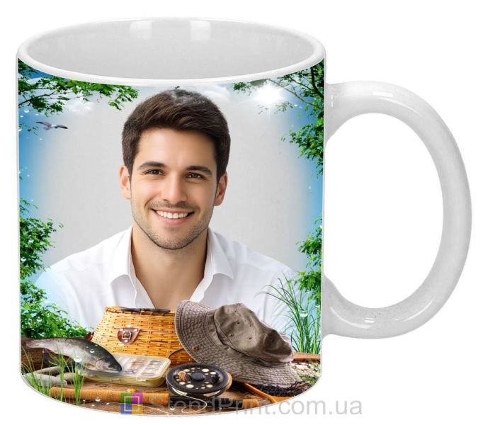 Чашка с фото рыбацкий стиль лес принадлежности рыбака заказать