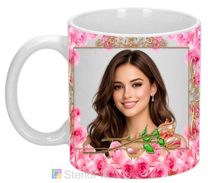 Чашка з фото з рожевими трояндами та золотою рамкою ніжний романтичний подарунок замовити