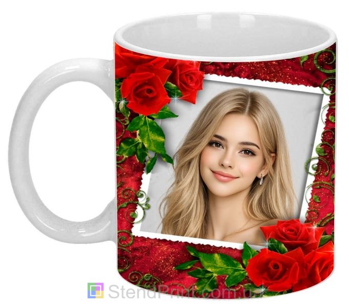 Чашка с фото для девушки с красными розами заказать подарок