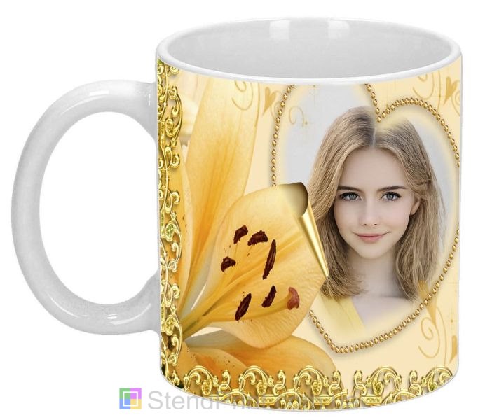 Чашка с фото для любимой с лилией и золотым узором изысканный подарок заказать