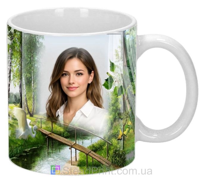Чашка з фото річка, дерев’яний міст і березовий гай замовити