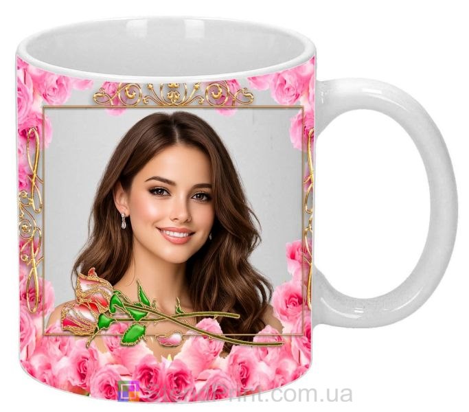 Чашка з фото з рожевими трояндами та золотою рамкою ніжний романтичний подарунок замовити