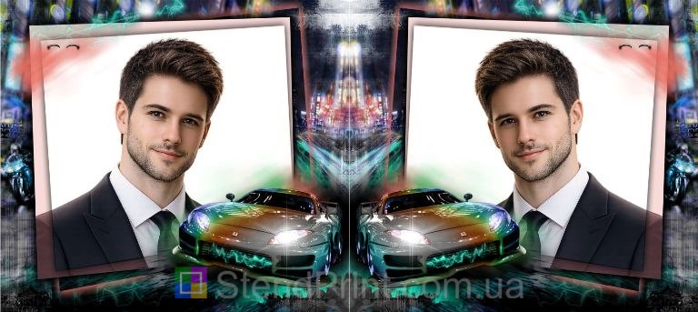 Кружка з фото на подарунок чоловіку з неоновим автомобілем у нічному місті