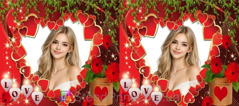 Горнятко з фото з серцями та написом LOVE романтичний яскравий подарунок замовити
