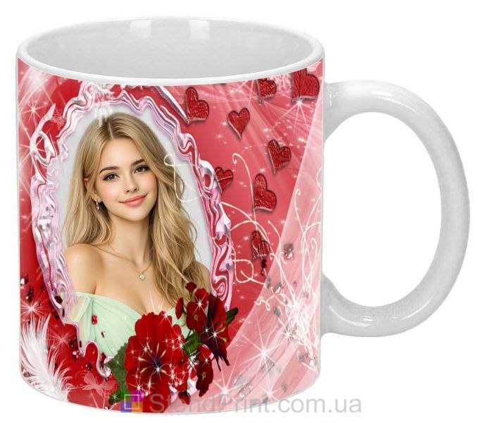 Горнятко з фото для коханої з серцями та трояндами романтичний подарунок замовити