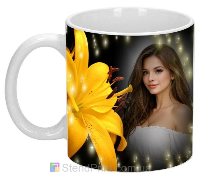 Чашка с фото лилия на чёрном фоне со своим фото заказать
