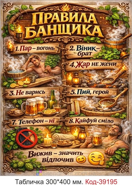 Табличка Правила банщика для бани и сауны купить