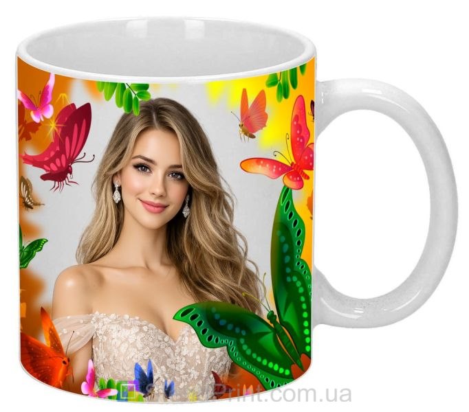 Чашка з фото для дівчини — яскравий дизайн із метеликами, подарунок, замовити