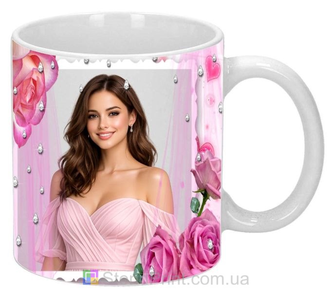 Ніжне горнятко з фото для коханої з рожевими трояндами купити романтичний подарунок