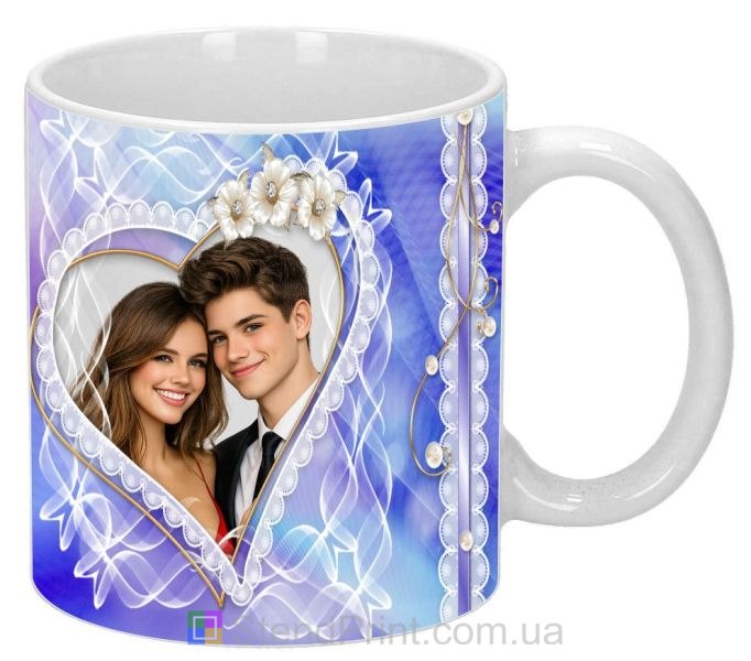 Чашка с фото в кружевном сердце нежный романтичный подарок с цветами заказать