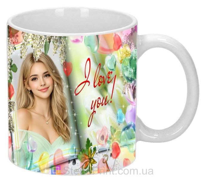 Чашка з фото для коханої I love you з серцями яскравий романтичний подарунок замовити