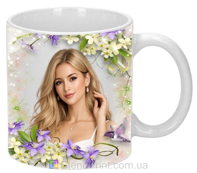 Кружка з фото для дівчини з квітами та колібрі ніжний подарунок замовити