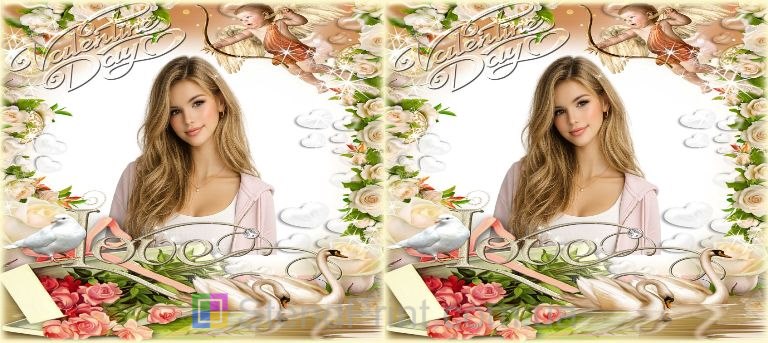 Кружка с фото Valentine Day с лебедями и цветами