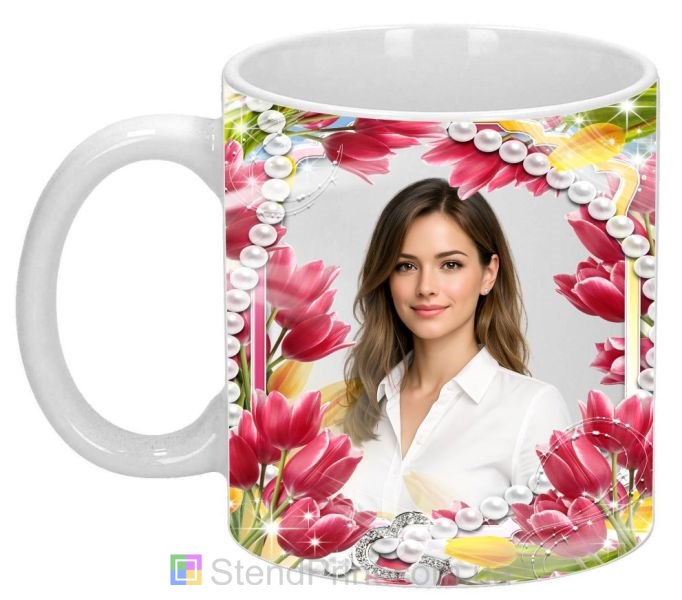 Кружка с фото с тюльпанами и жемчужными бусами нежный цветочный дизайн заказать