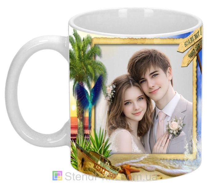 Чашка з фото море, пальми, папуга, човен — замовити